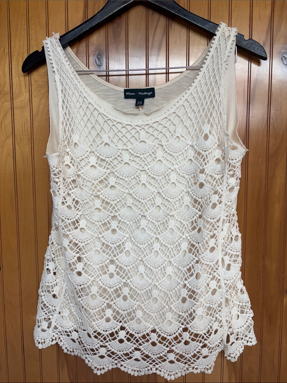 Mason+Mackenzie Boho Ivory Crochet Lace Fan Pattern Lined Sleeveless Tank Top XL